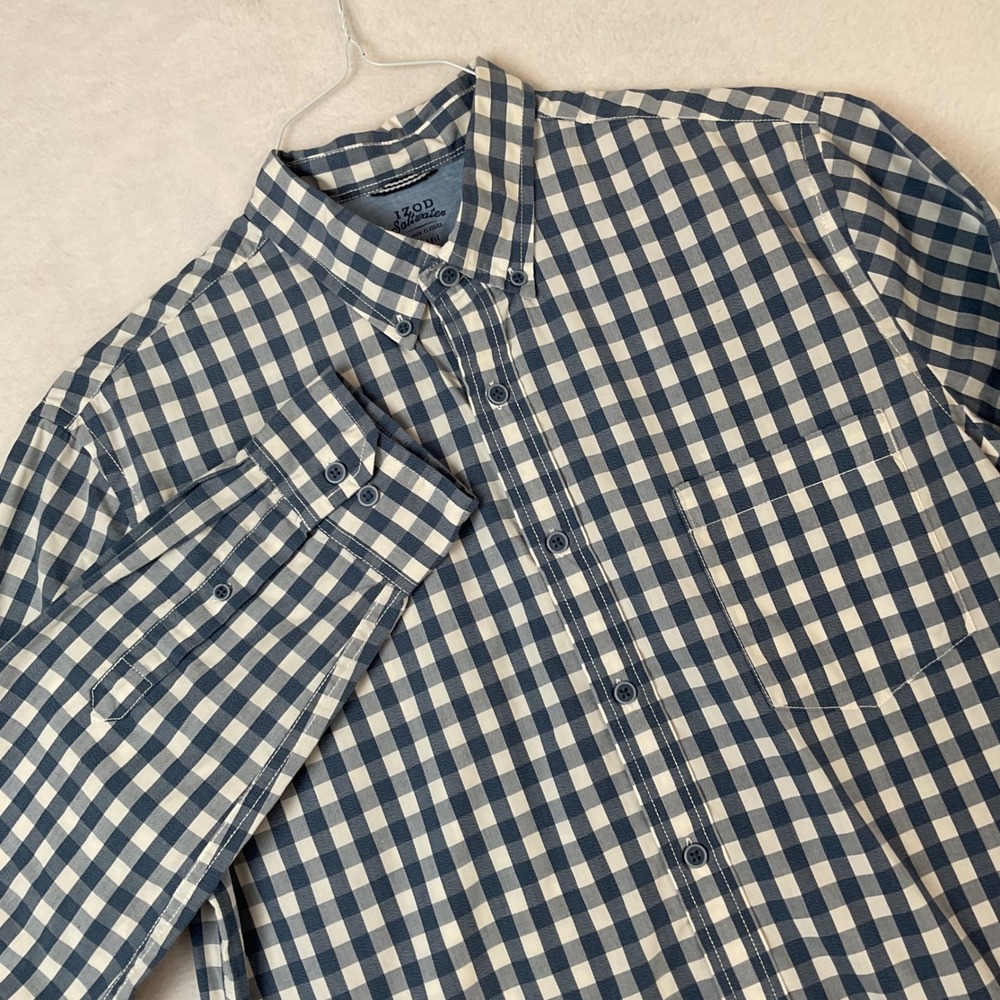 IZOD Saltwater Slim Fit Blue White Gingham Check Button Down Shirt Mens Large